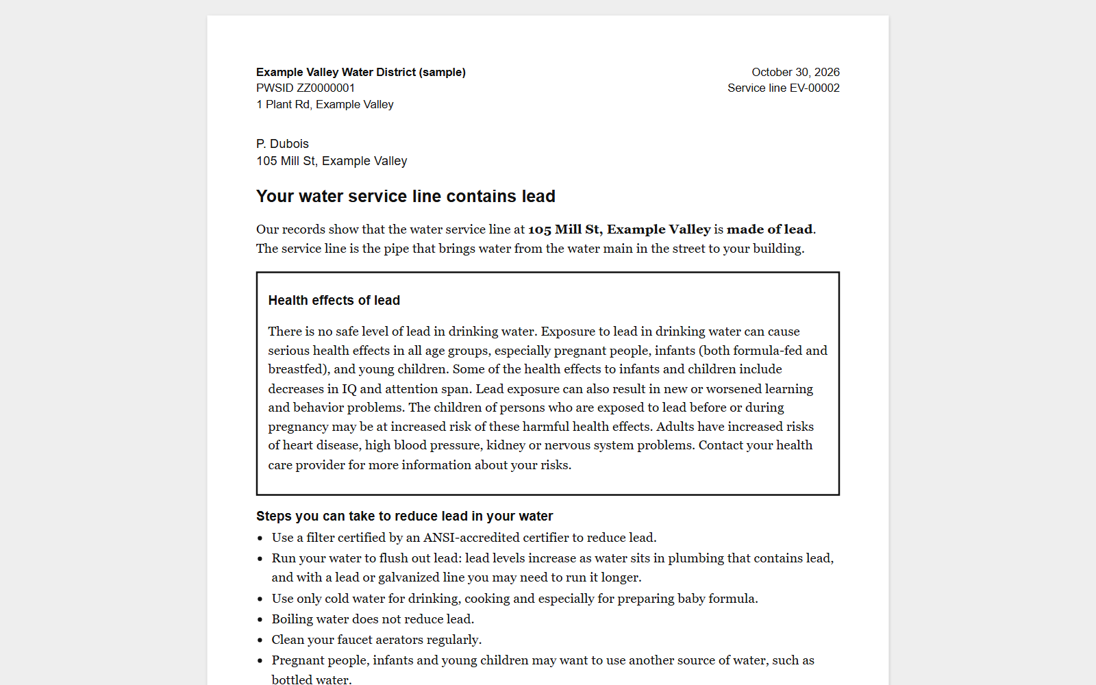 A customer notification letter for a lead service line, with the required health-effects text and the water system's contacts.